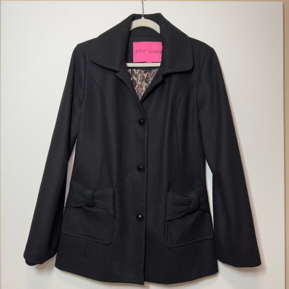 Betsey Johnson Women's Wool Blend Pea Coat Bow Y2K Gothcore Pin Up Rockabilly - Picture 1 of 6